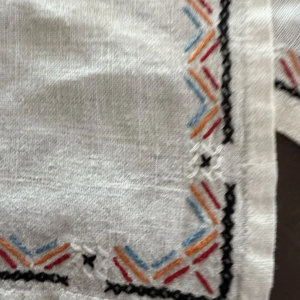 4 Vintage Hand Embroidered Linen Napkins Geometric Folk Style Table Linens Set